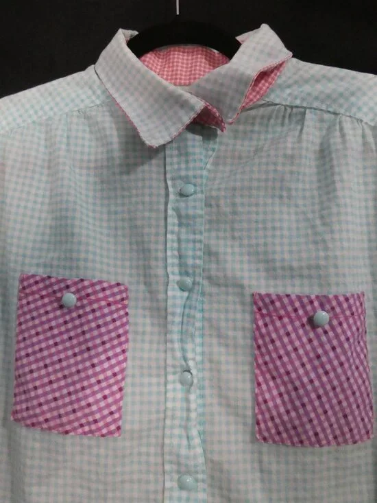Handmade Pastel Colorblock Gingham Button-Down Shirt - P2P 21" - Picture 3 of 16